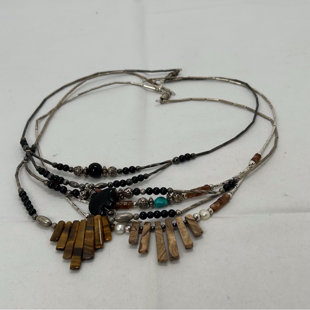 3 Vintage Silver And Gemstone Boho Necklaces Catseye Onyx Turquoise Wood 11$